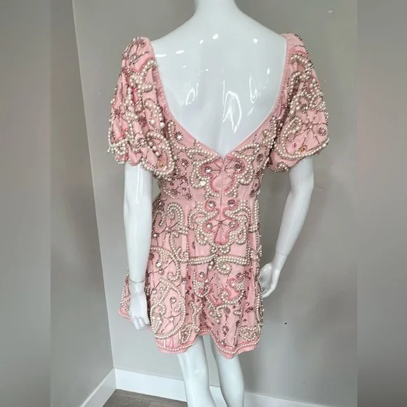 NWT ASOS Luxe pearl embellished puff sleeve caged mini dress in pink Sz 6(US) - Picture 5 of 16